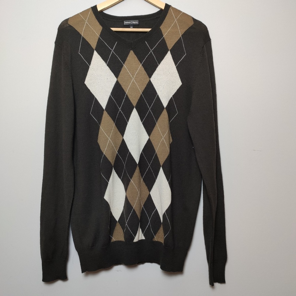 Denver Hayes Argyle Diamond V-Neck Knit Sweater Charcoal Brown Tan Size Medium